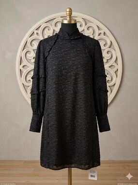 IRO Black Ruffle Trim Textured Shift Dress